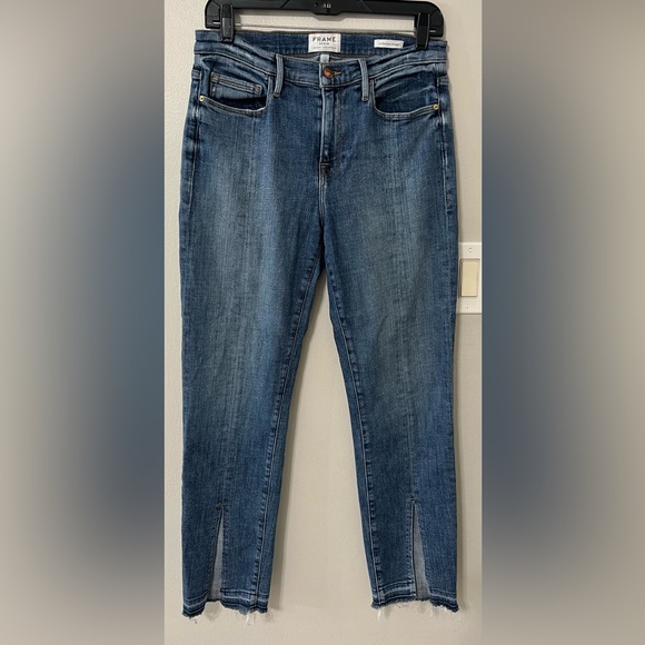 FRAME Le Nouveau Straight Jeans Size 29 Blue Ankle Slit Raw Hem High Rise EUC - Picture 3 of 12